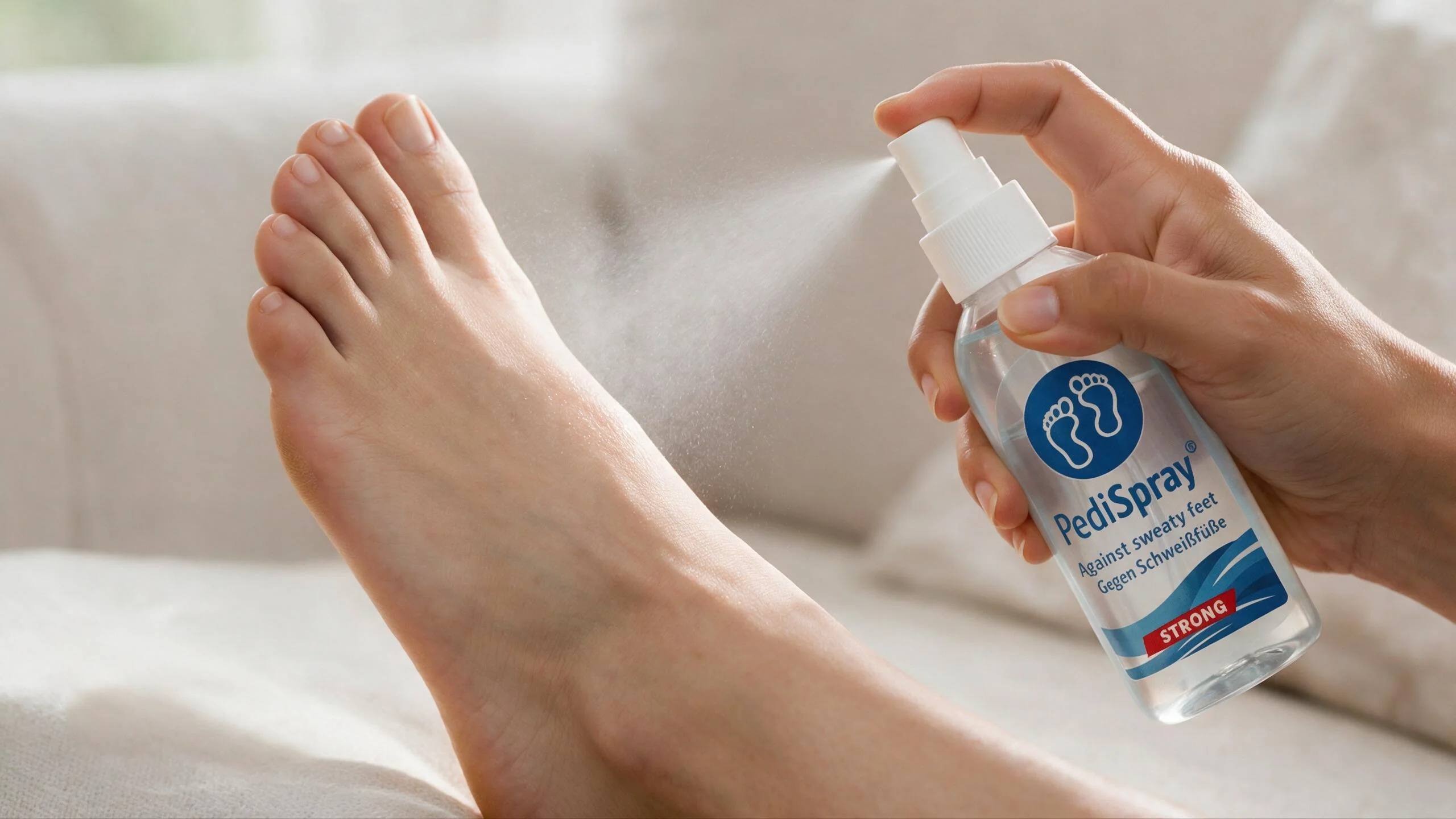 Foot deodorant or antiperspirant PediSpray® antiperspirant applied to clean, dry feet